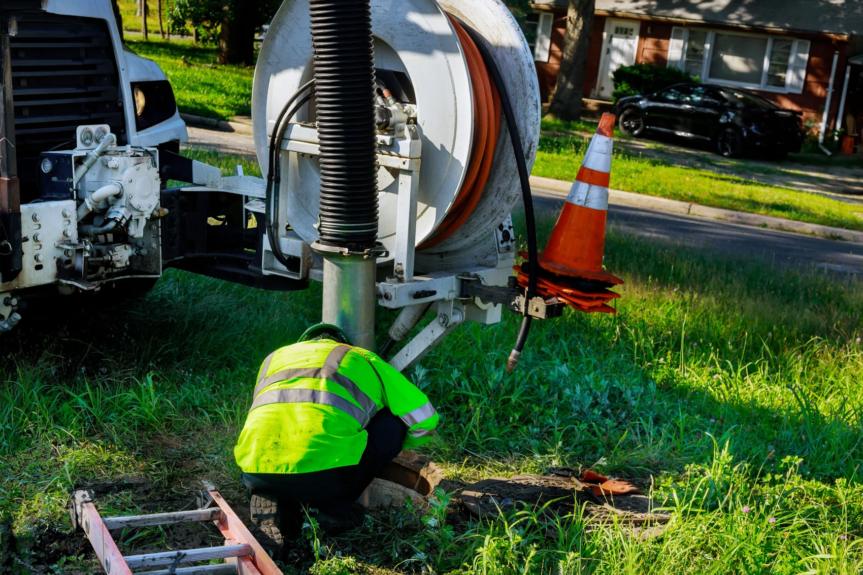 Sewer cleaning crew working with equipment on a commercial sewer line